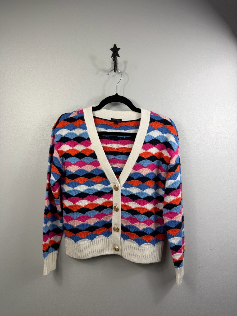 Talbots Petite Scallop Knit Cardigan Sweater Womens Gold Crest Button Multicolor